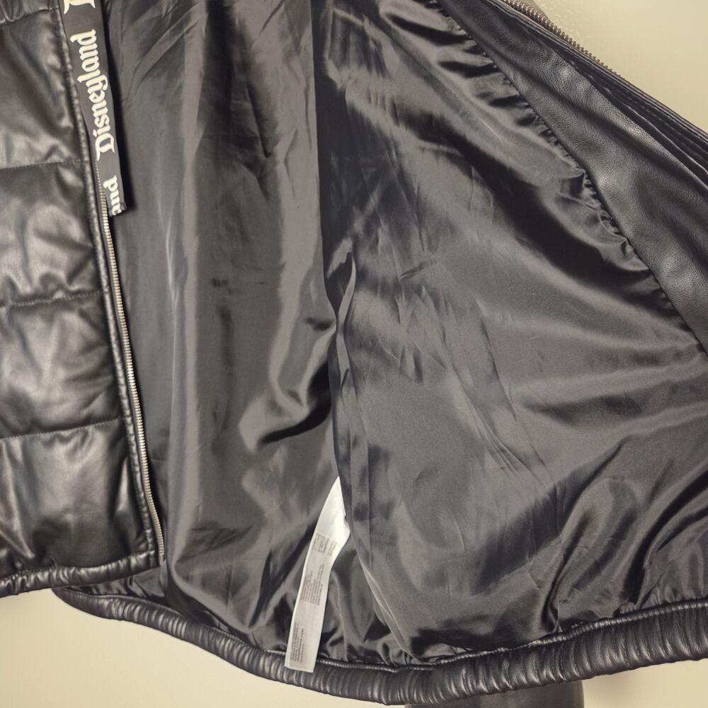 Disneyland Resort Black Faux Leather Puffer Jacket Hood Goth Font XL Unisex - Picture 8 of 13